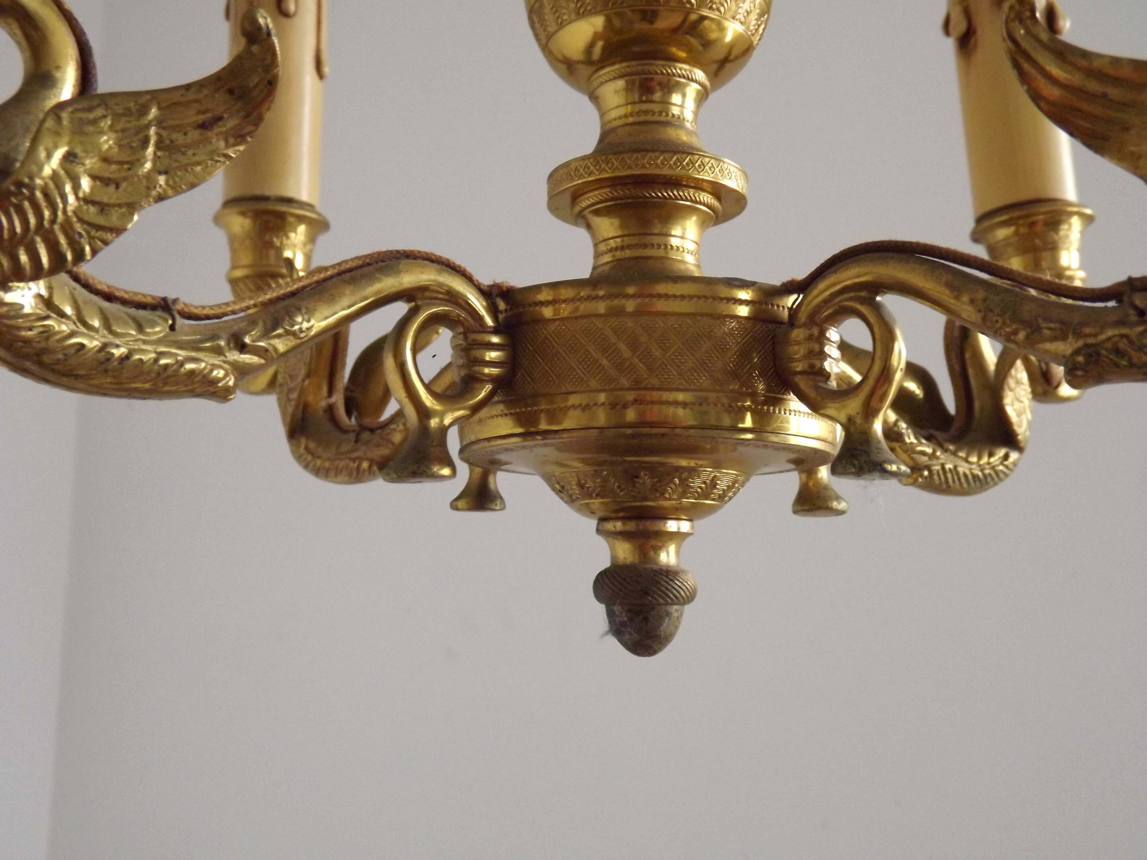 French Empire Style Bronze 4-Light Chandelier with Swan Detail Arms