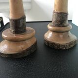 Pair of old candlesticks or candlesticks in raw bark wood, Jura craftsmanship