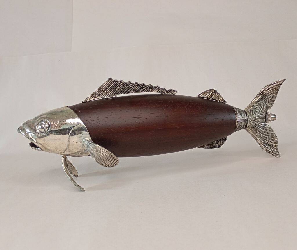 Italian Tre Spade Fish Shaped Rose Wood & Silverplate Pepper Mill or Grinde