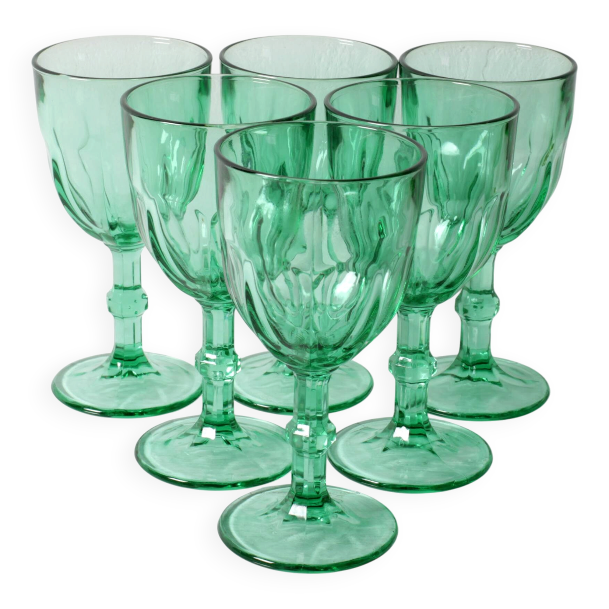 Set of 6 Vintage Green Wine Glasses / Stem Flutes / Crisal / Portugal 2000s