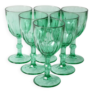 Set of 6 Vintage Green Wine Glasses / Stem Flutes / Crisal / Portugal 2000s