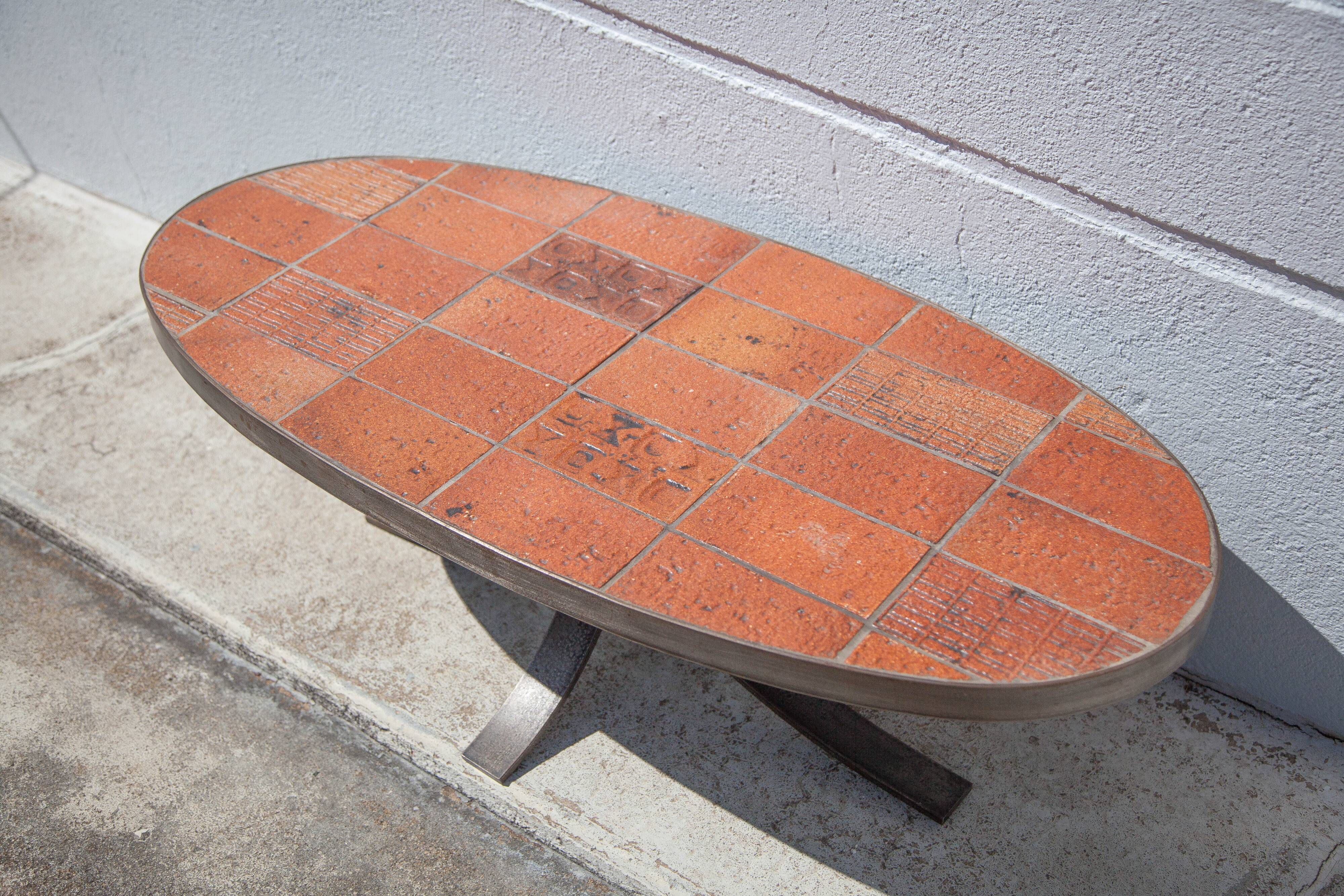 Jean Jaffeux coffee table, glazed lava stone table with wrought iron structure, 60's