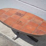 Jean Jaffeux coffee table, glazed lava stone table with wrought iron structure, 60's
