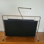Vintage metal magazine rack in gold and black vinyl Newspaper holder