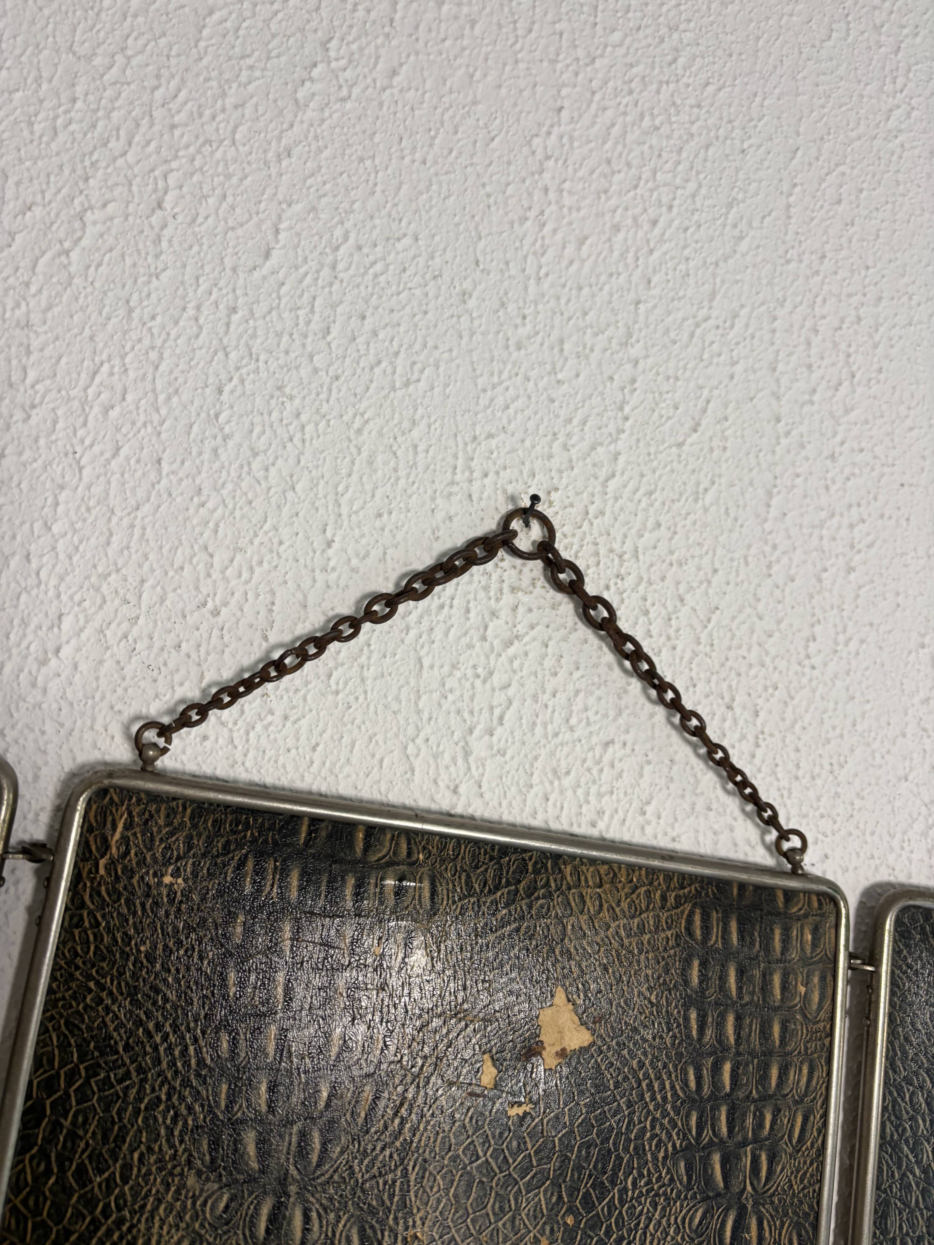 Vintage 1930s triptych barber mirror in black faux crocodile leather - 33 x 84 cm