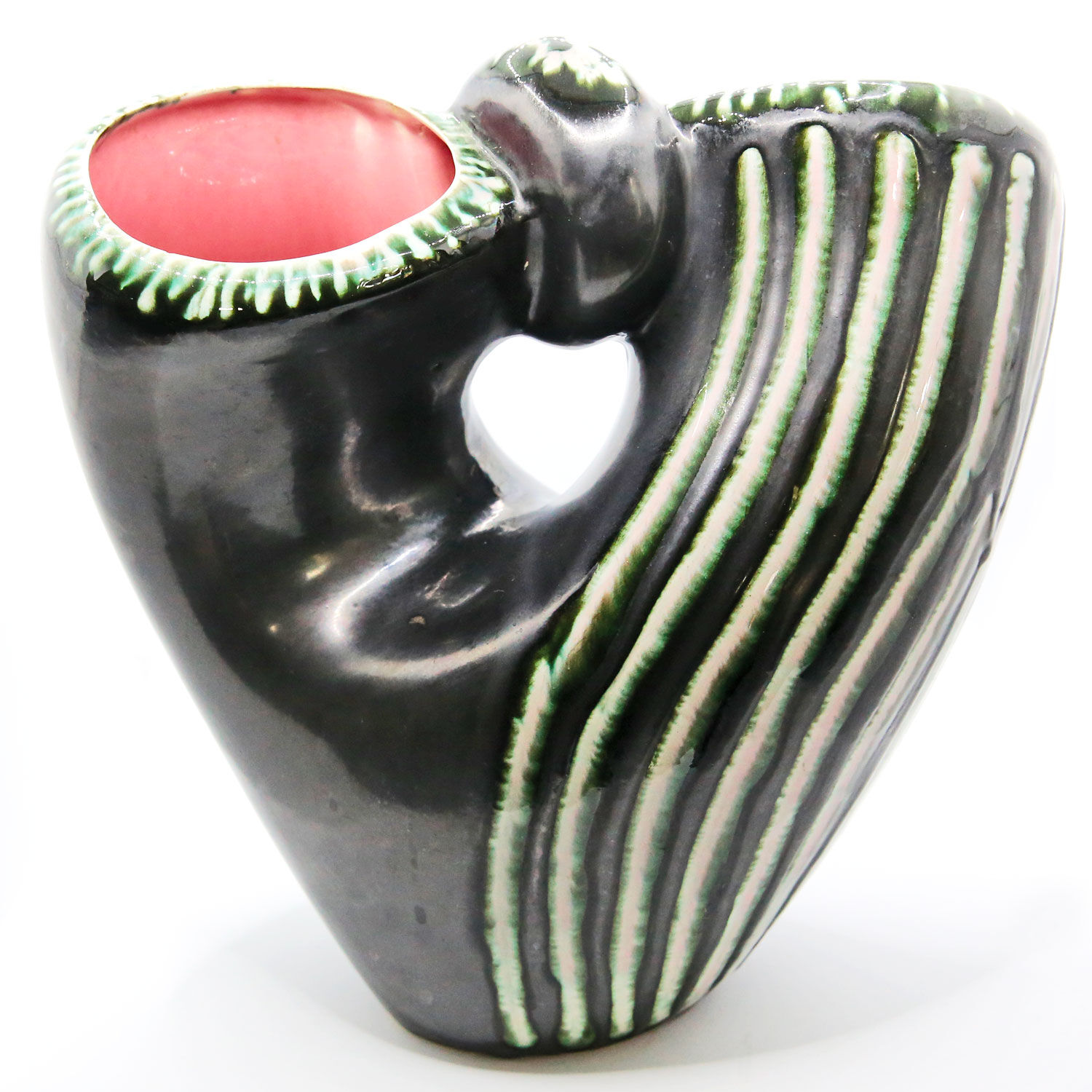 Black and green ceramic basket vase with white stripes from Bauzio in Vallauris, 1957