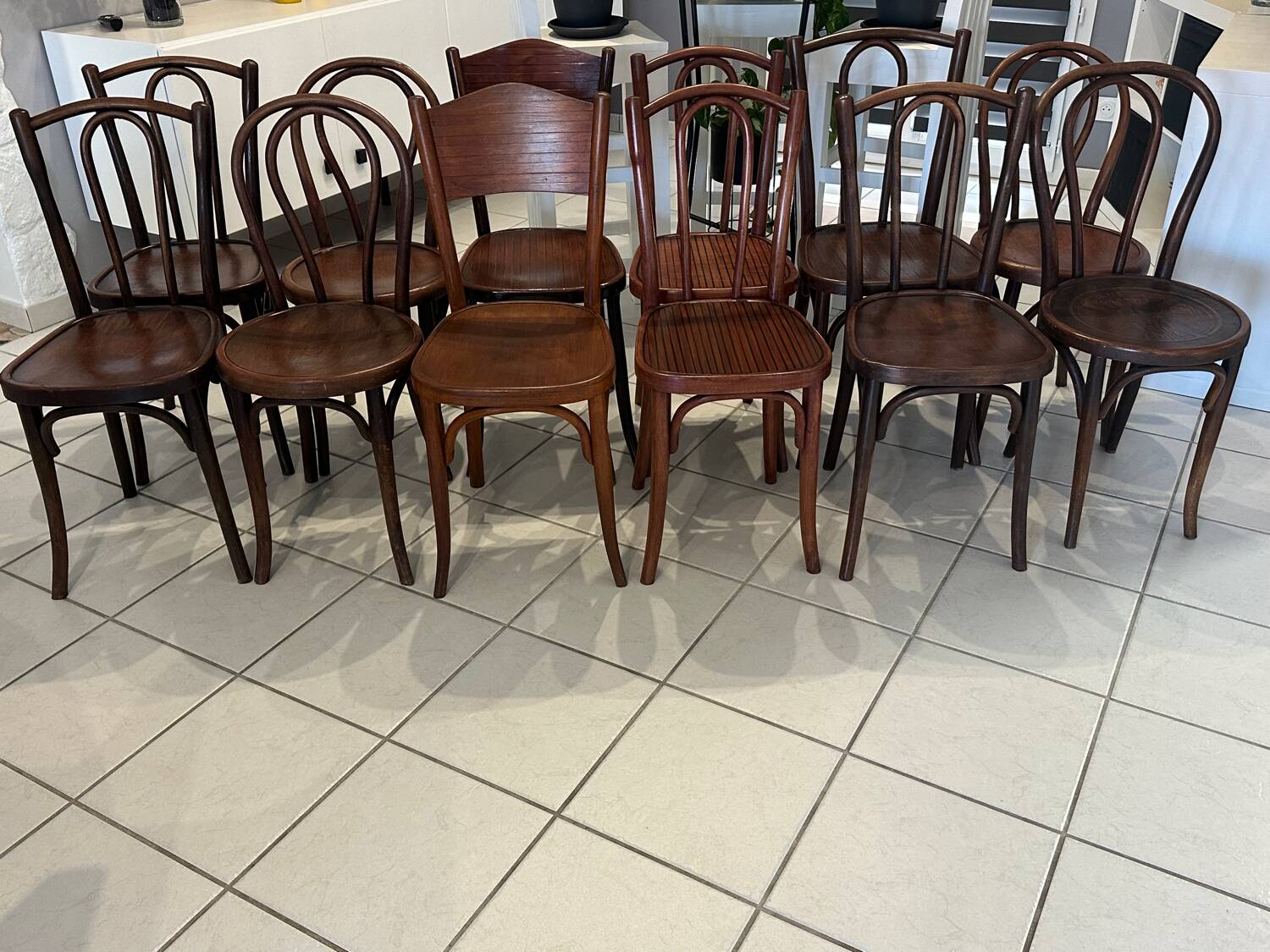 Set of 12 mismatched bistro chairs Thonet, Baumann, Fischel 1930