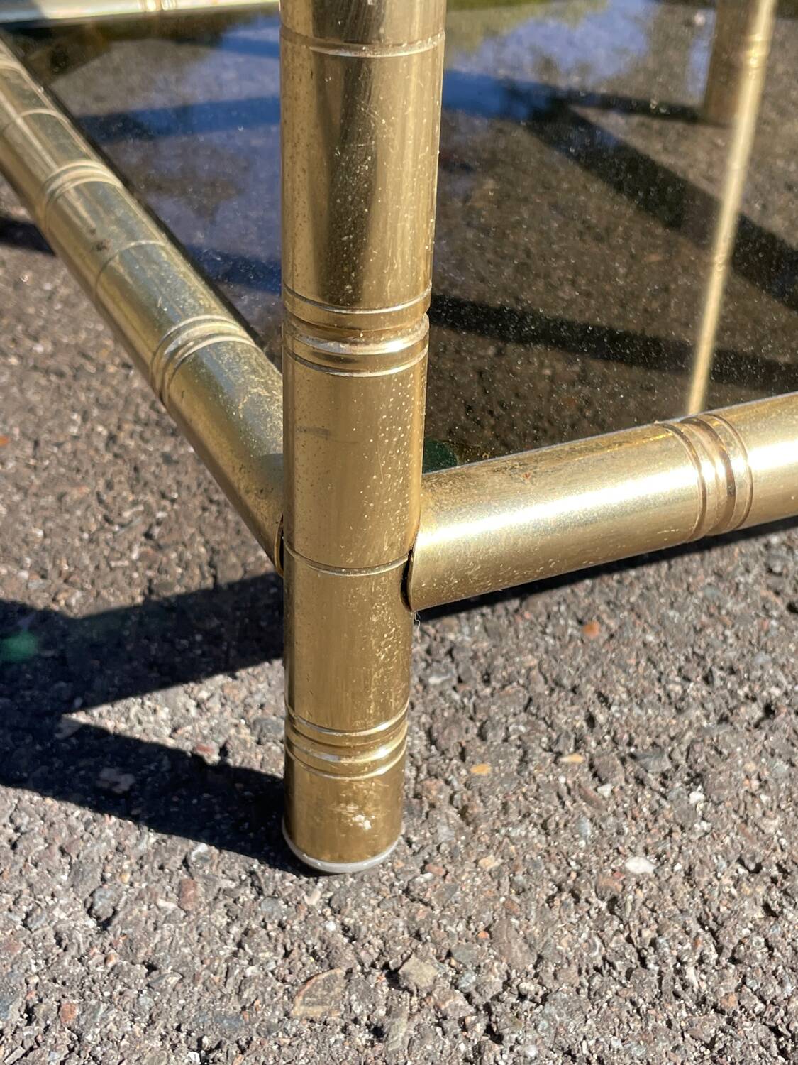 Square faux bamboo pedestal table in gold-plated brass and glass