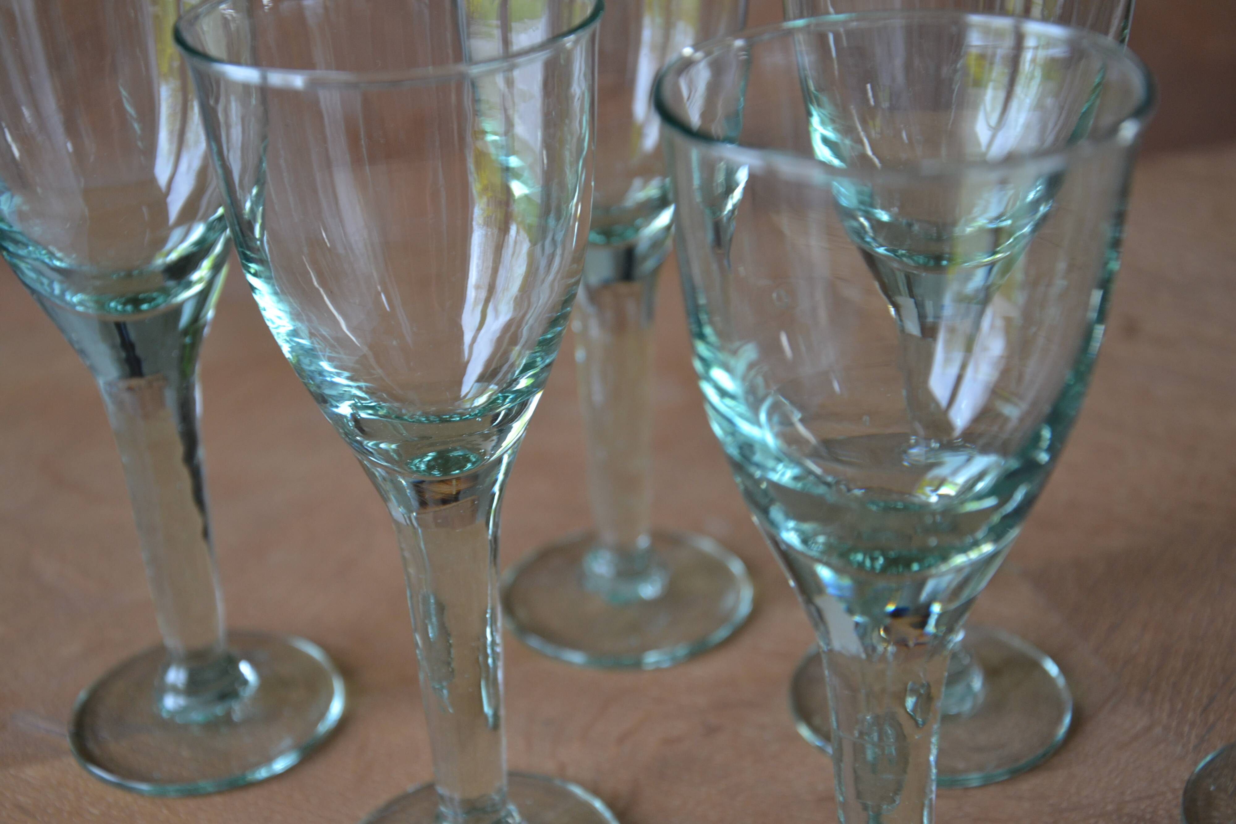 7 green blown glass bubble wine glasses