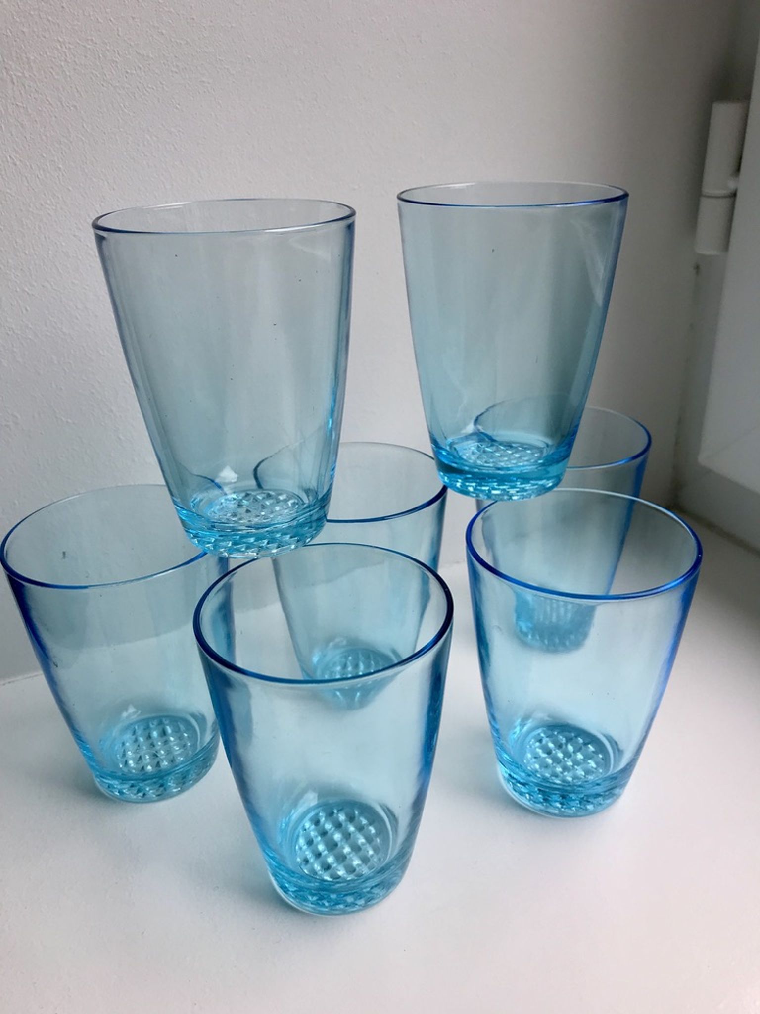 Set of 7 water glasses Made in France blue glass 70s