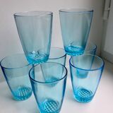 Set of 7 water glasses Made in France blue glass 70s