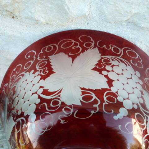 Garnet double crystal salad bowl with Bohemian glass grape motifs.