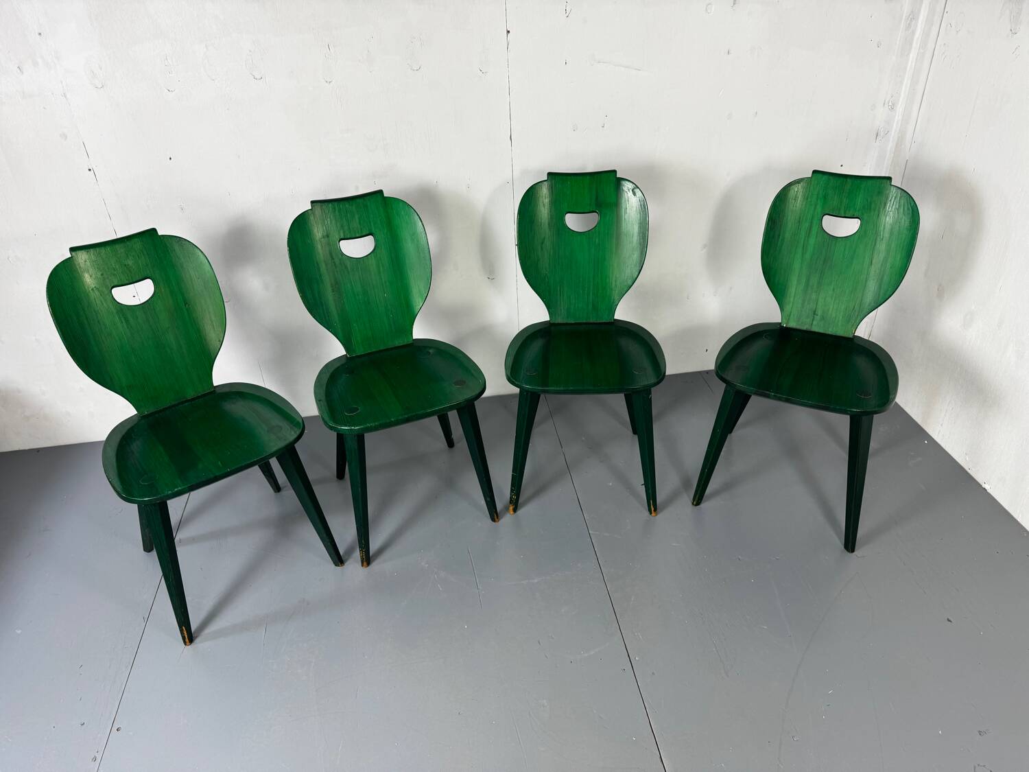 Set of 4 Swedish green pine designer chairs from Svensk Fur, 1950s of