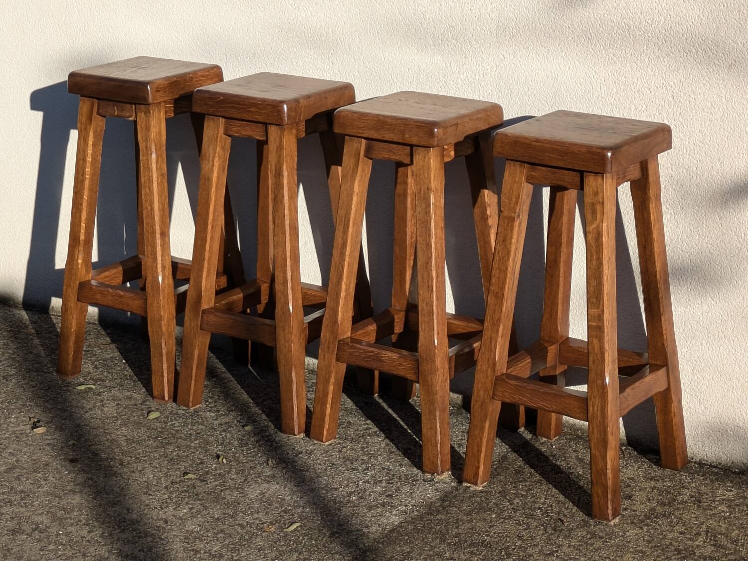 4 Bar Stools, Brutalist Solid Wood Vintage