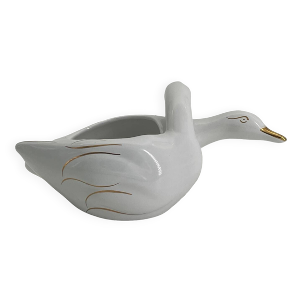 Cache pot deux cygnes en porcelaine blanc et doré vintage