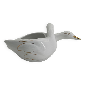 Cache pot deux cygnes en porcelaine blanc et doré vintage