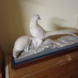 Art Deco ceramic, pair of pheasants in cracked earthenware on wooden base