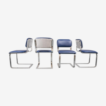 Set 4 chaises cuir bleu métal chrome 70