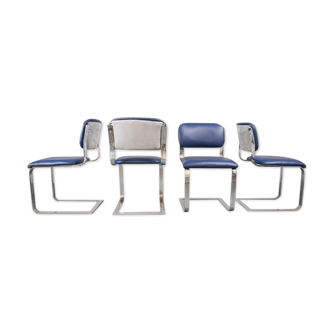 Set 4 chaises cuir bleu métal chrome 70