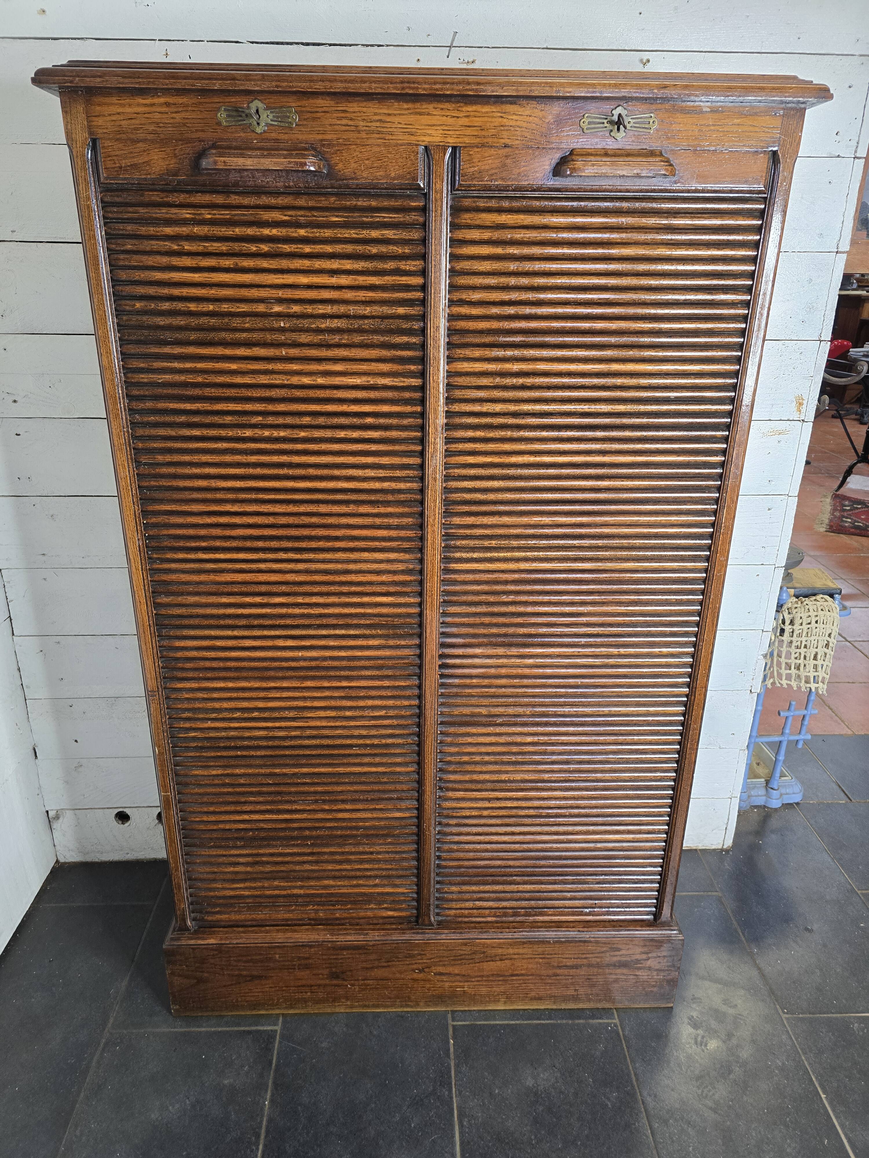 Solid oak double curtain filing cabinet