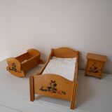 Lit, berceau et chevet en bois pour poupée