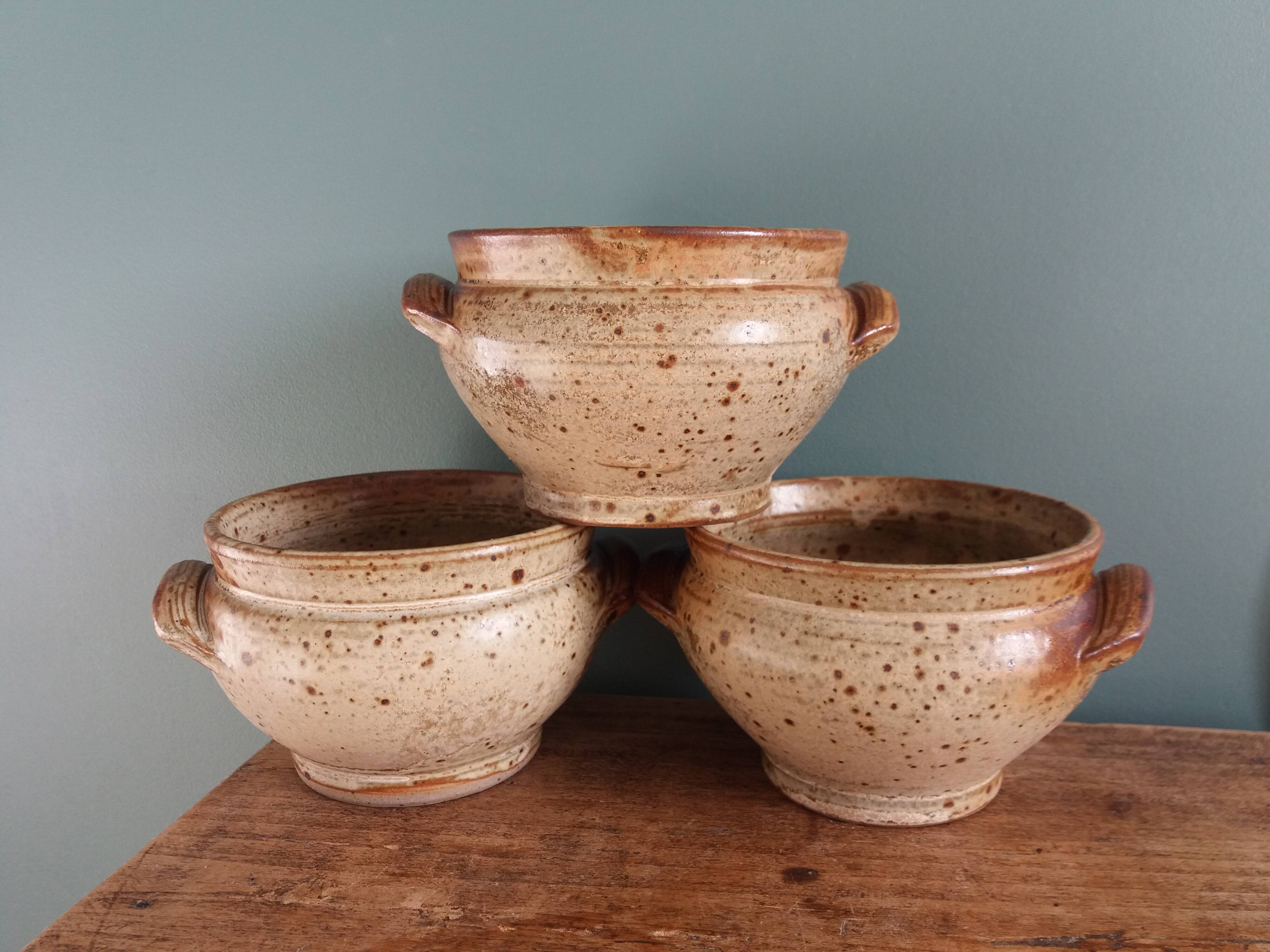 Soup bowls and cups in Puisaye stoneware by Jean-Pierre Prud'homme