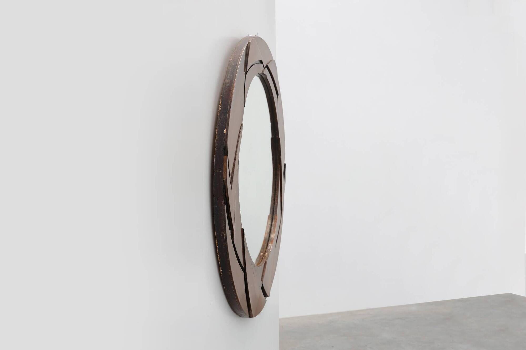 Belgian Art Deco Round Mirror with Geometric Wooden Frame, circa 1920