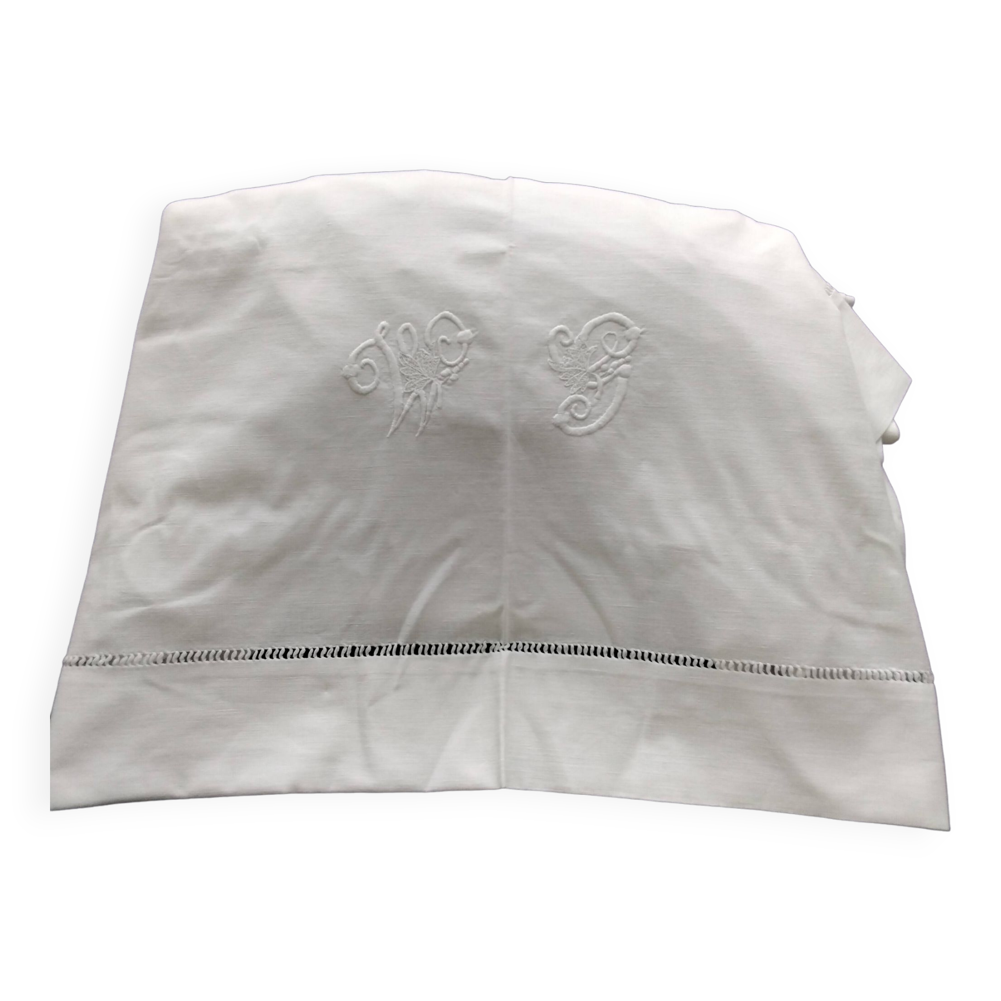 Old white cotton drape monogrammed WS 2 x 2.60 m