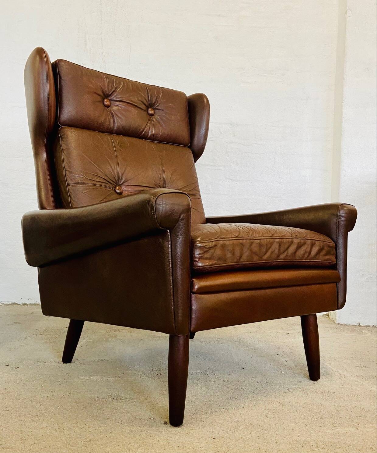 Vintage danish retro mid-century svend skipper cognac leather chair & stool 60s