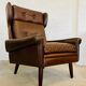 Vintage danish retro mid-century svend skipper cognac leather chair & stool 60s