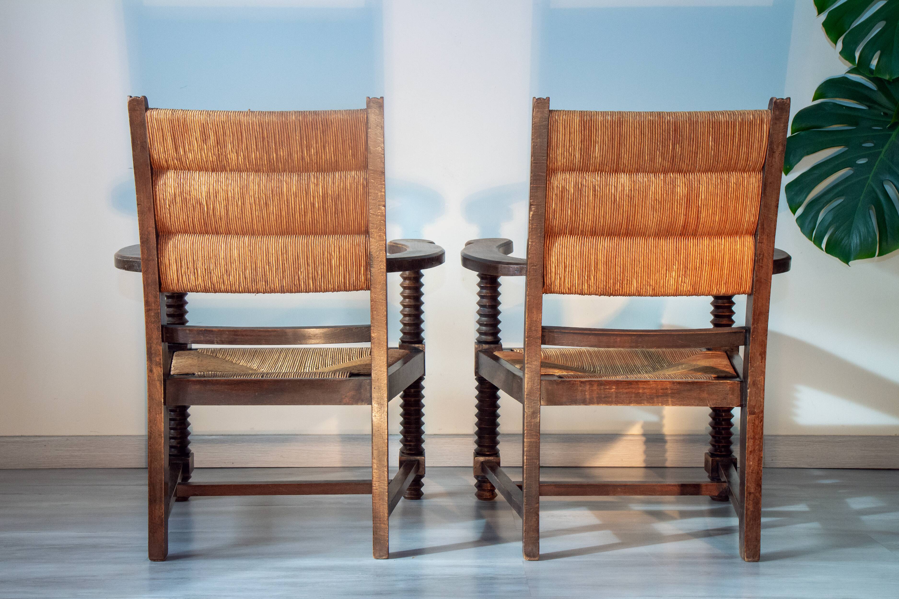 Armchair in oak and rush, brutalist style, designed by Charles Dudouyt, 1940s