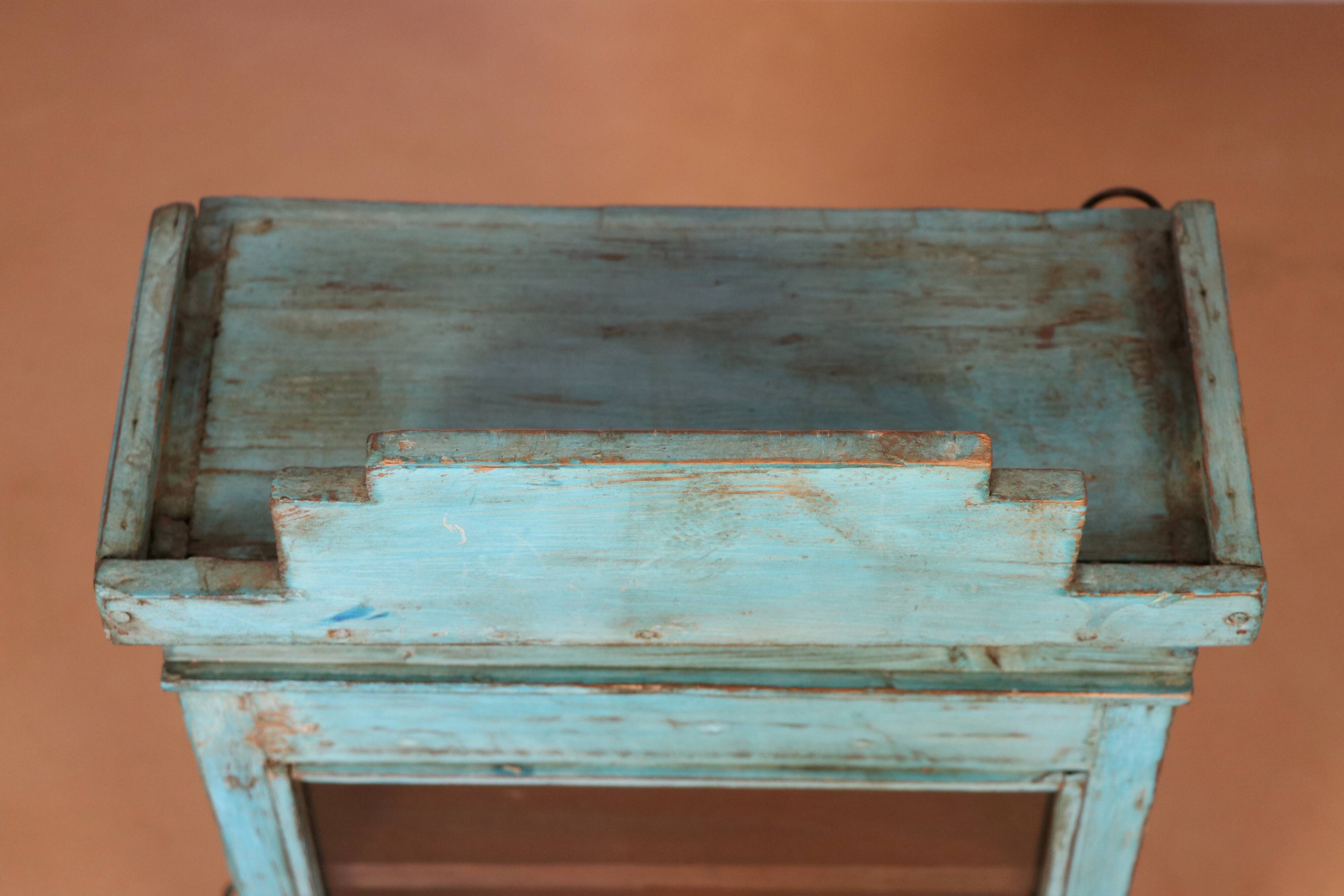 Old art deco wall display case in original blue teak burmese patina