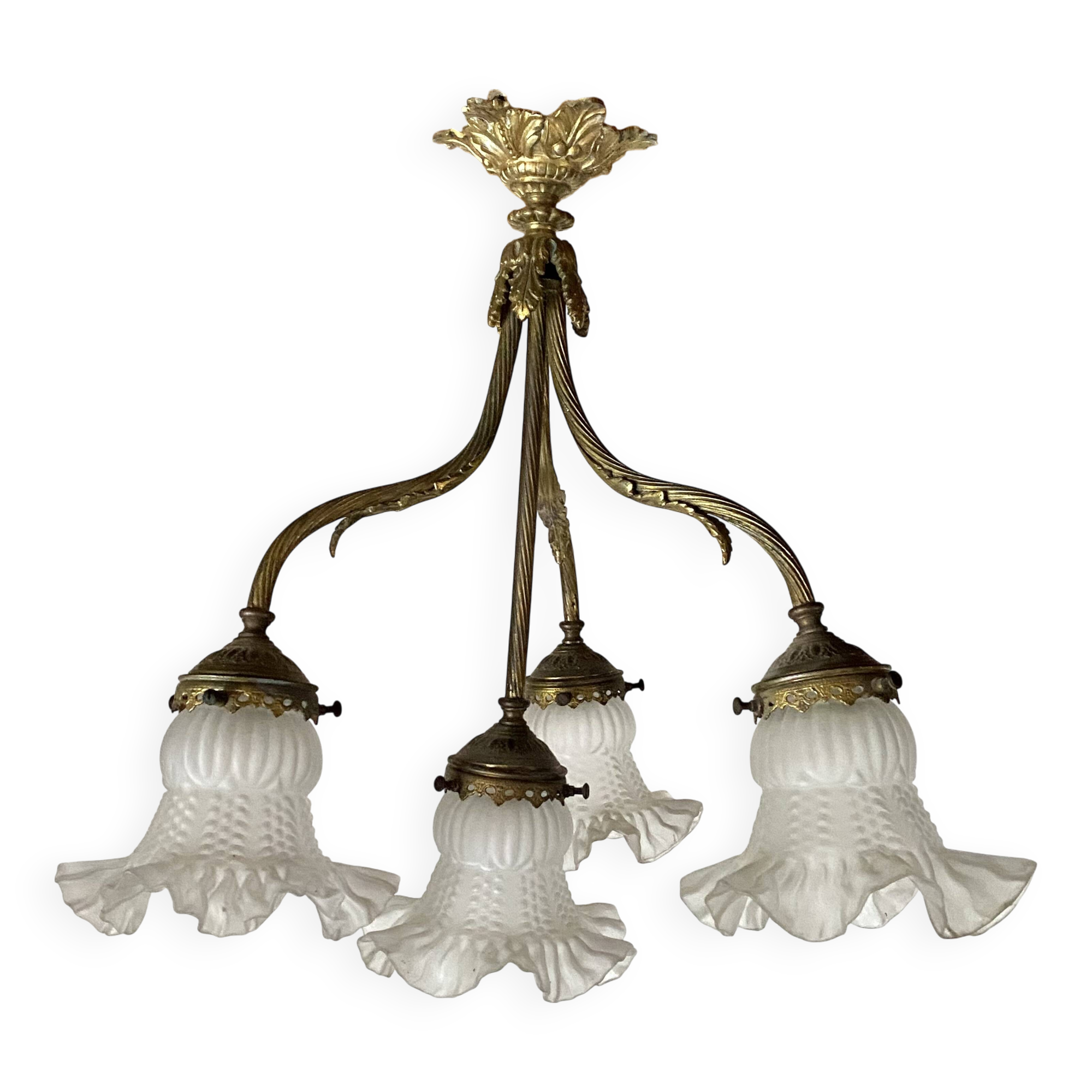Empire bronze chandelier with 4 lights in glass tulips