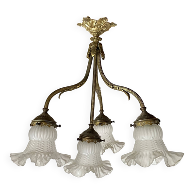 Lustre Empire 4 feux en bronze et tulipes en verre