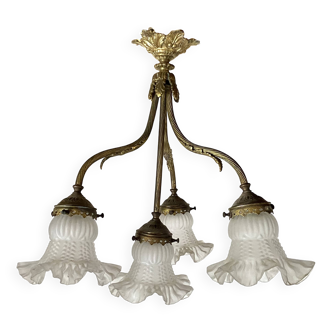 Lustre Empire 4 feux en bronze et tulipes en verre
