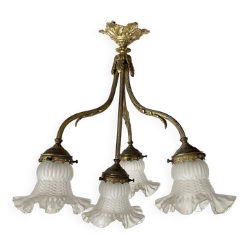 Empire bronze chandelier with 4 lights in glass tulips