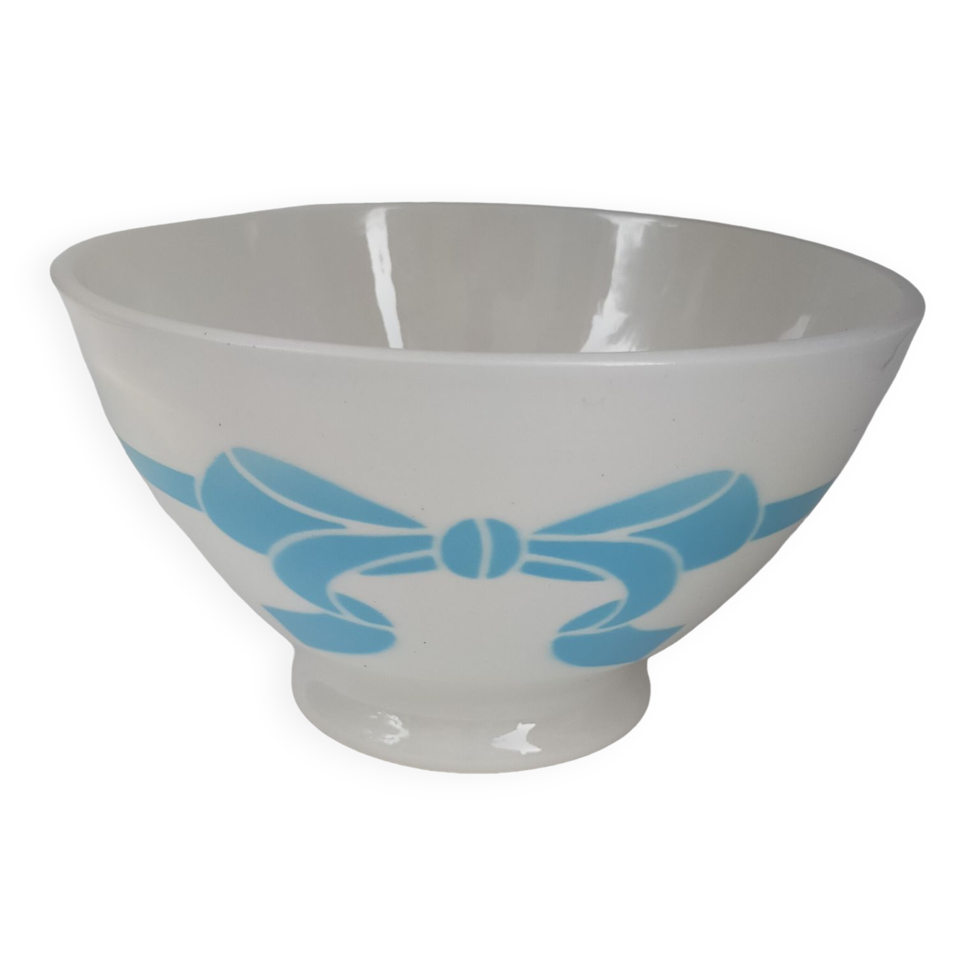 Old ceramic bowl earthenware white French blue ribbon of the 50s vintage