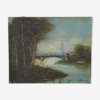 Vue du pont sur la rivière huile sur toile Lagrange 19ème-20ème