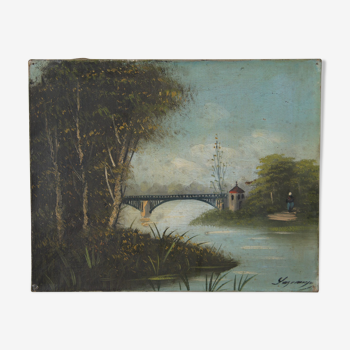 Lagrange (19th-20th) - view of the river bridge - oil on canvas