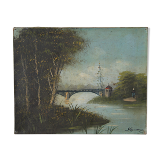 Lagrange (19th-20th) - view of the river bridge - oil on canvas