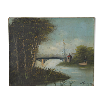 Vue du pont sur la rivière huile sur toile Lagrange 19ème-20ème