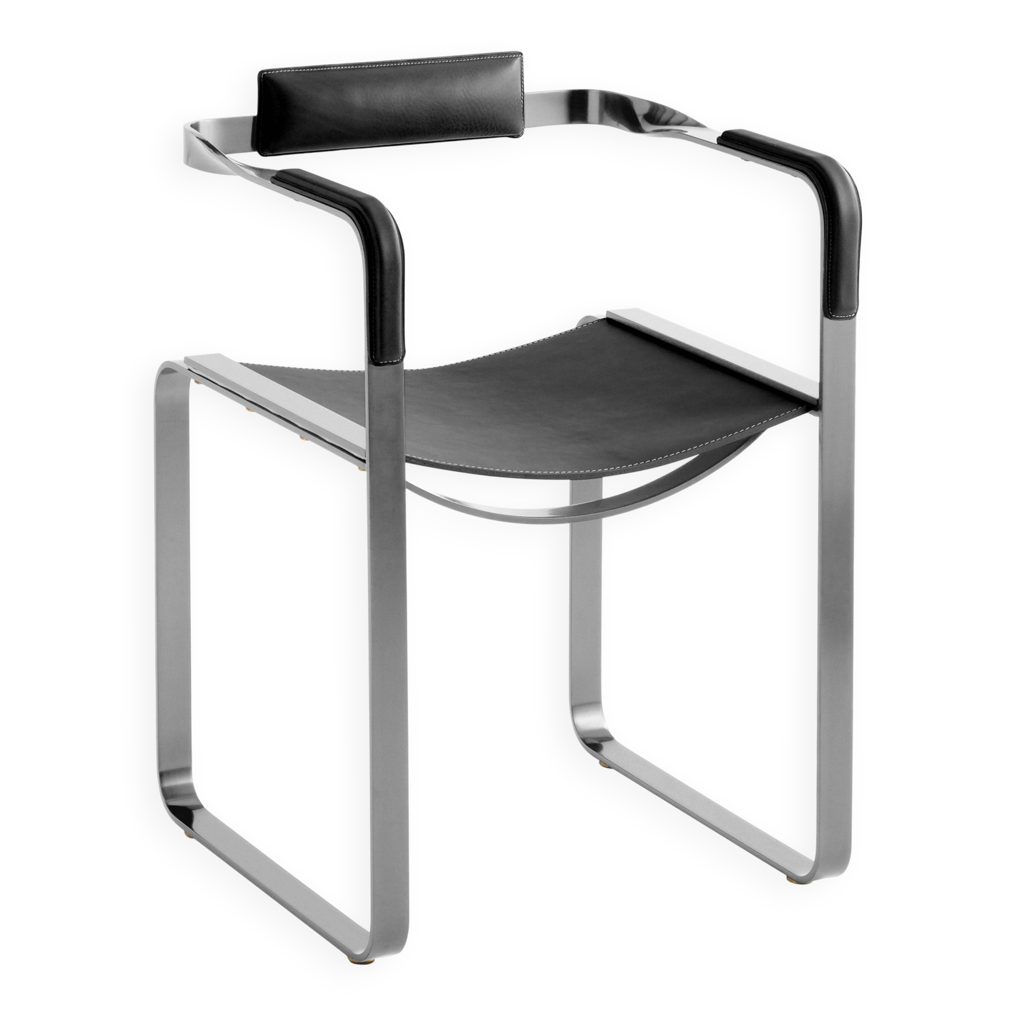 Armchair, silver steel and black leather, contemporary style.