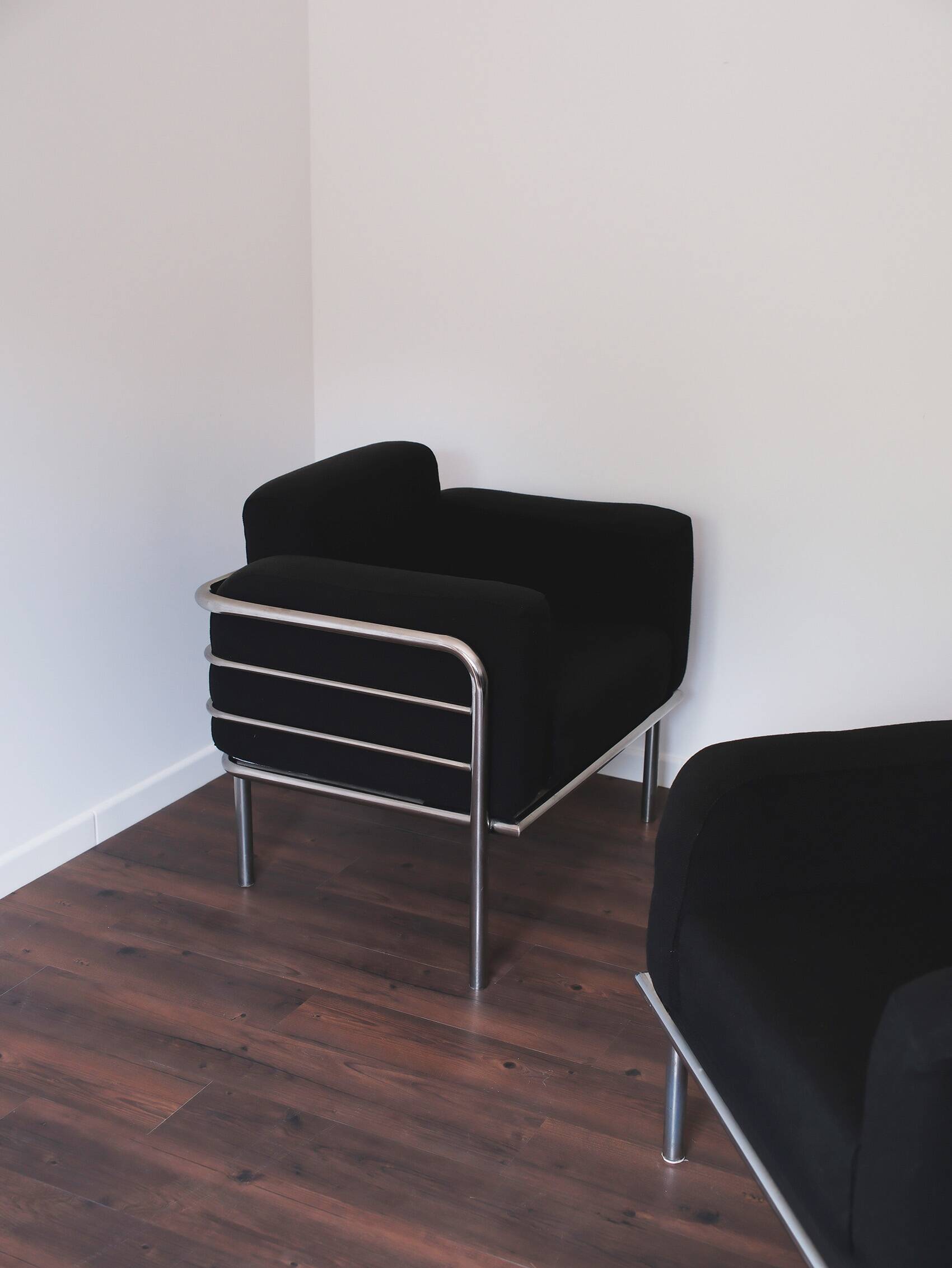 Pair of fabric armchairs – modernist design, circa 1970-80