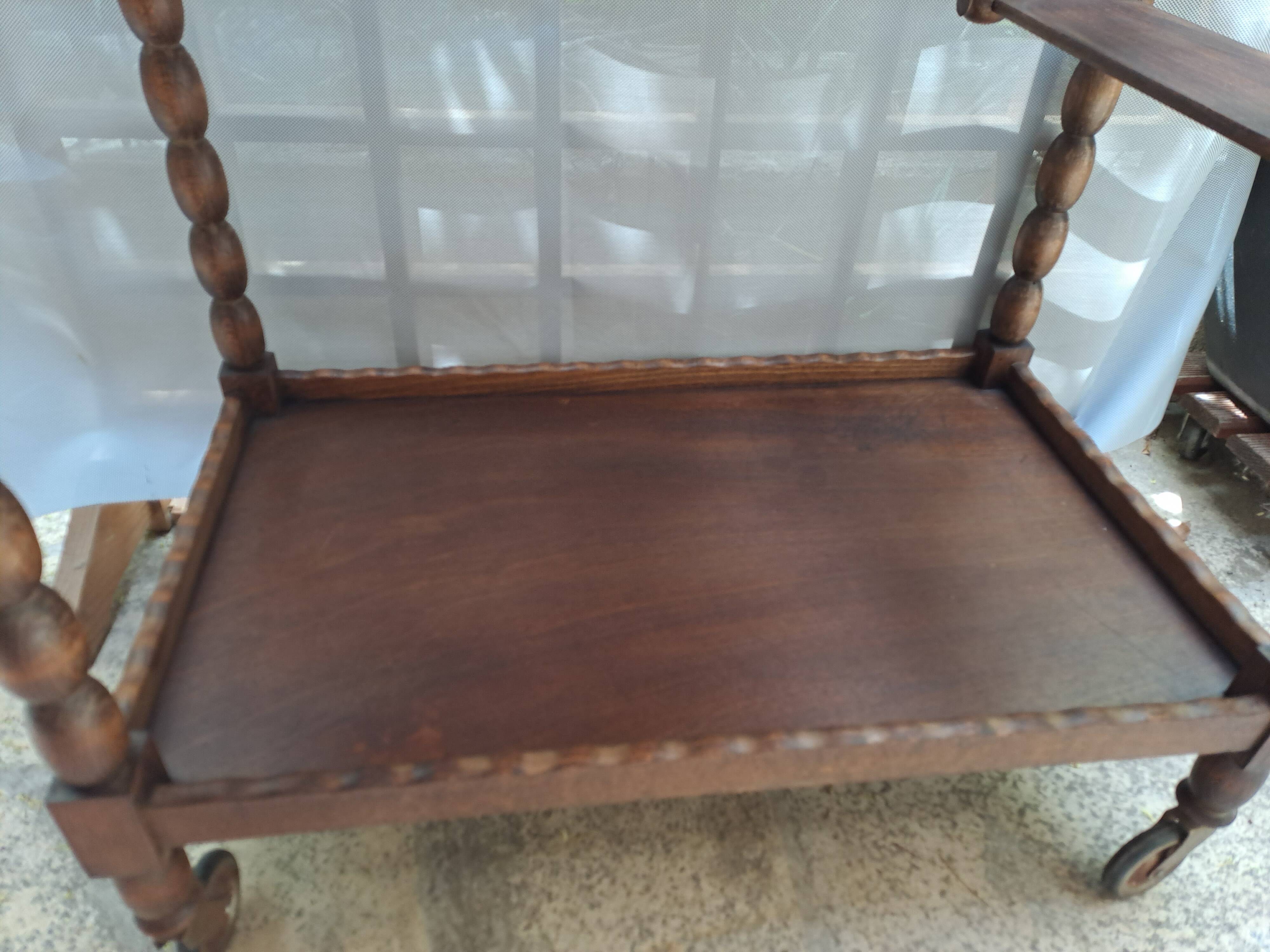 Dessert, table with wheels, side table in solid wood stained brown color France 1960