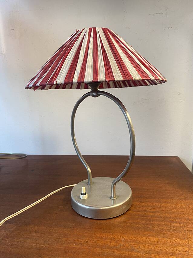 Small metal foot lamp, two-tone pleated lampshade, 1960