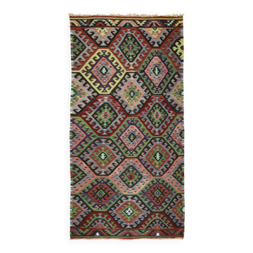 Turkish Kilim Yuruk Vintage 172x354 cm Geometric Green and Blue
