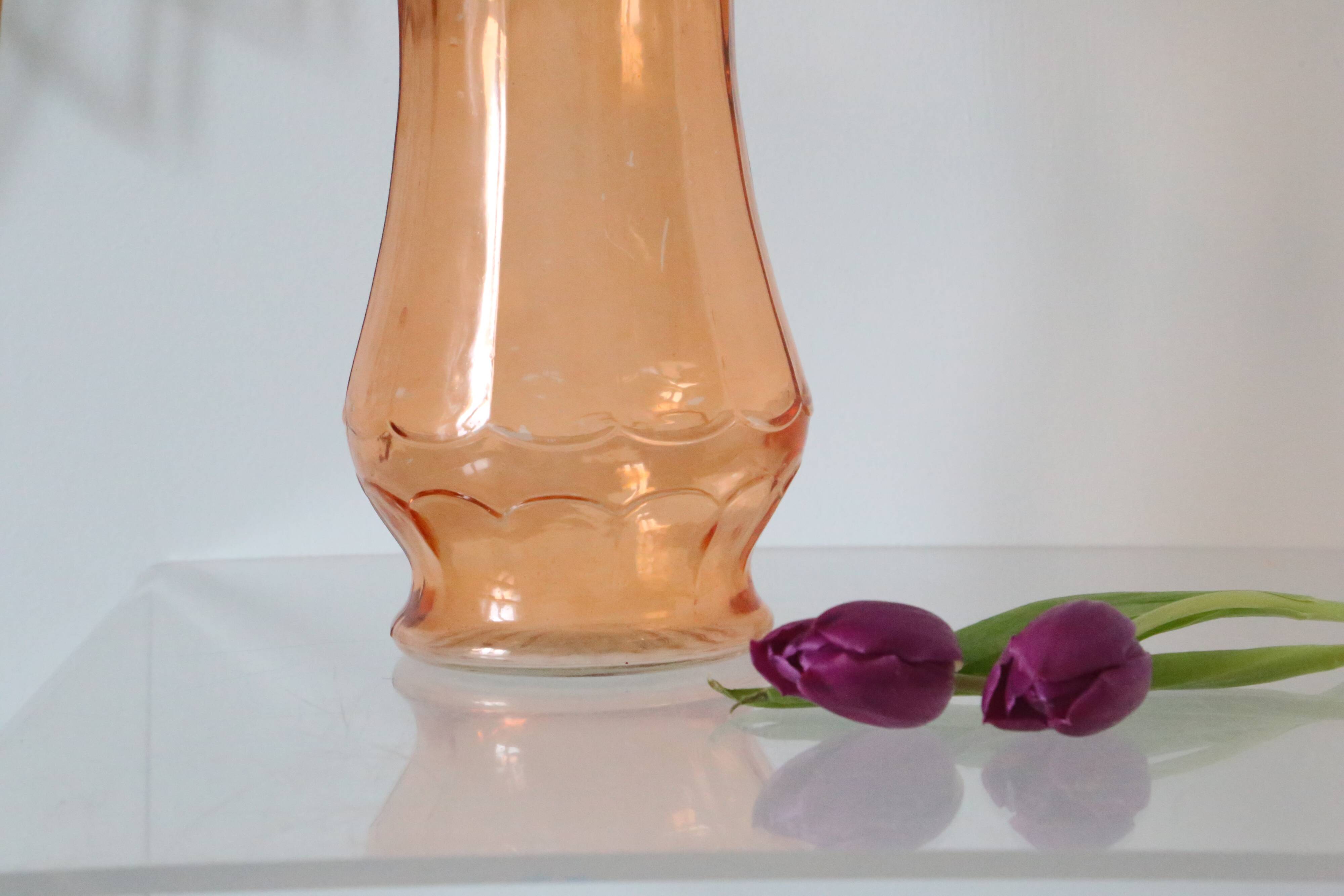 Large glass vase, apricot, French vintage, authentic