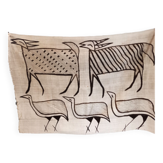 African tapestry, korhogo fabric, ivory coast, hand painted, animals and geometric patterns