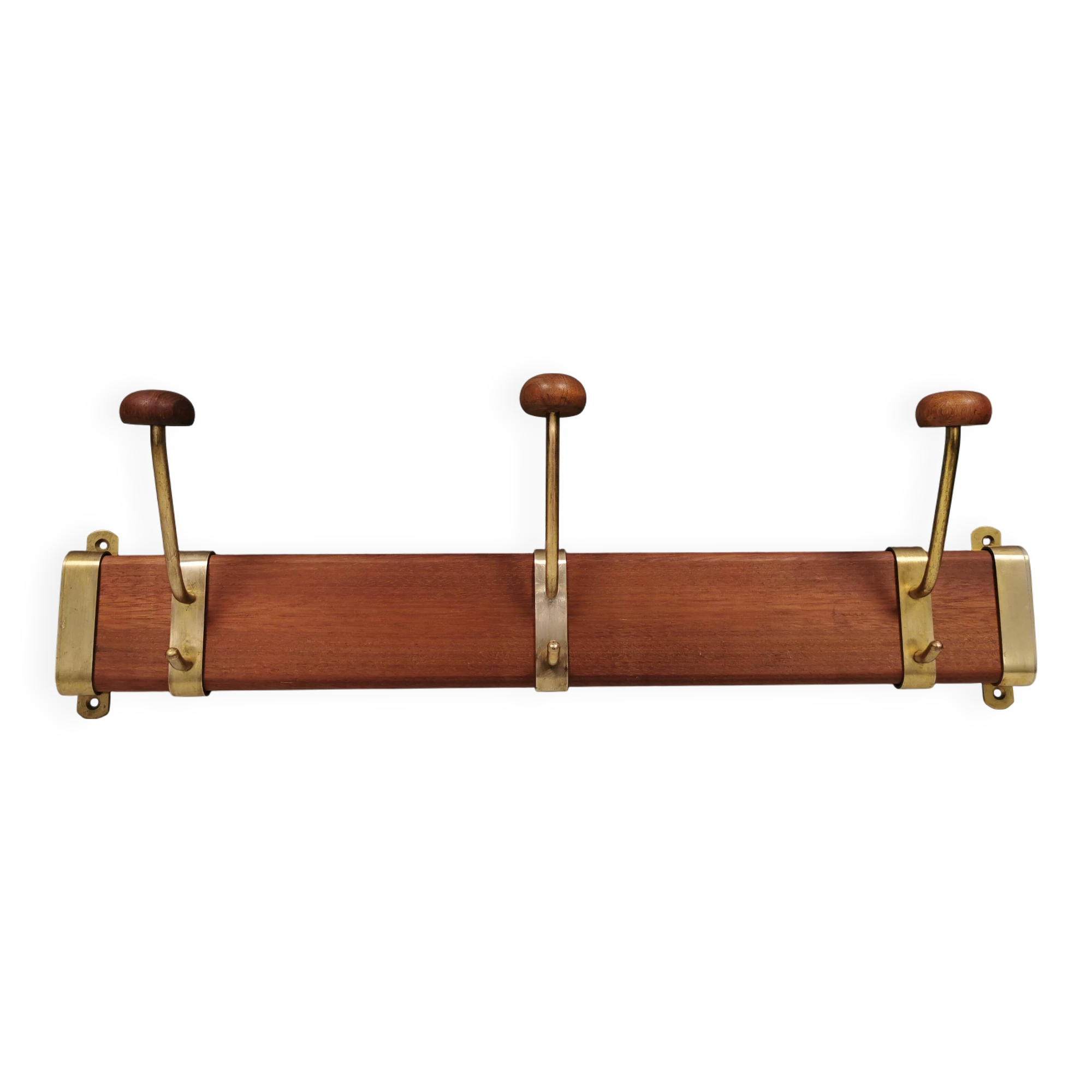 Danish teak and brass coat rack with adjustable hooks, 1960s.