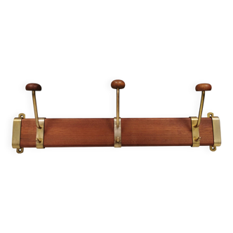 Danish teak and brass coat rack with adjustable hooks, 1960s.